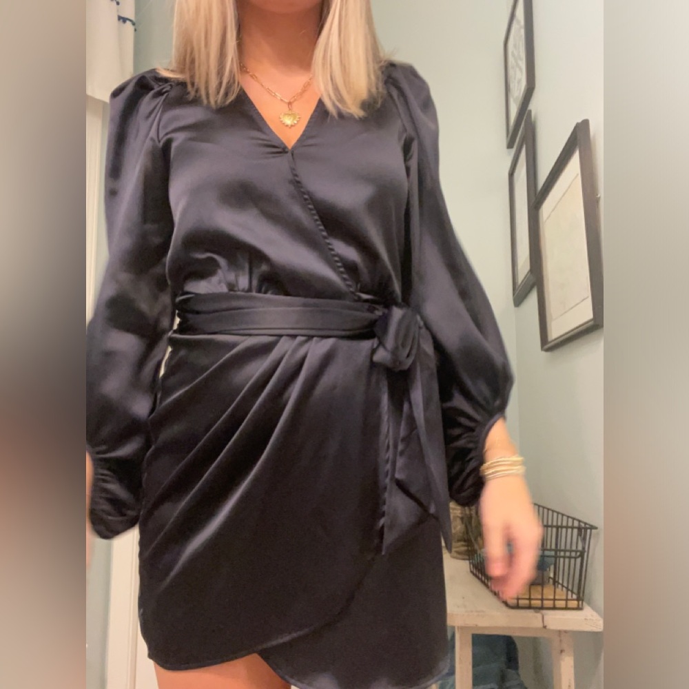 Navy blue mini dress satin wrap around